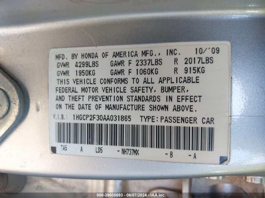2010 Honda Accord 2.4 Lx VIN: 1HGCP2F30AA031865 Lot: 39605693