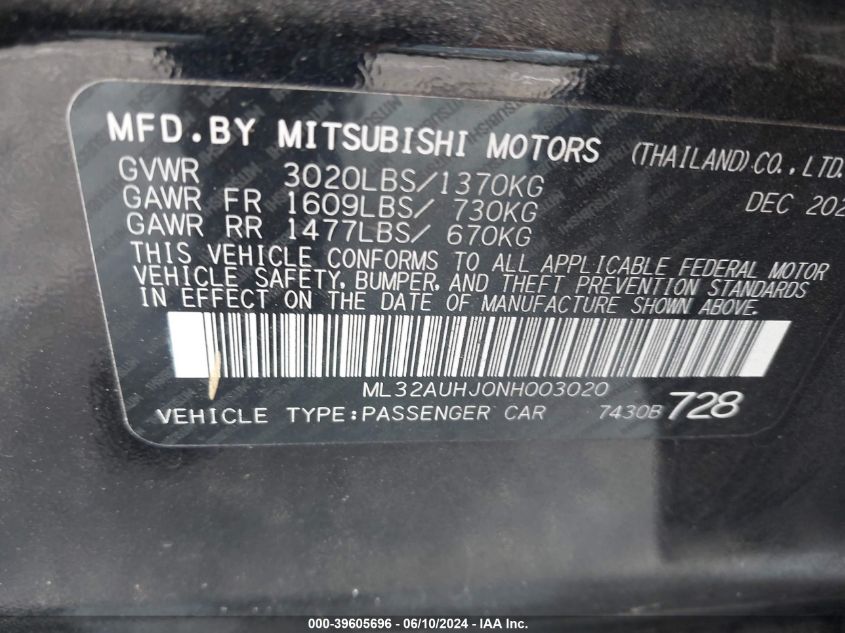 2022 Mitsubishi Mirage Es/Le VIN: ML32AUHJ0NH003020 Lot: 39605696