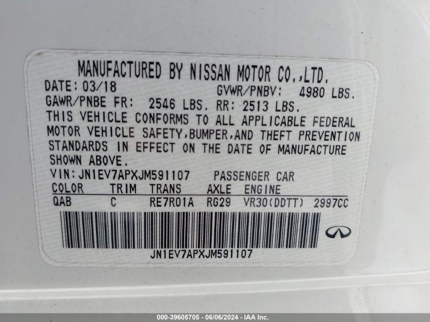 2018 Infiniti Q50 3.0T Luxe VIN: JN1EV7APXJM591107 Lot: 39605705