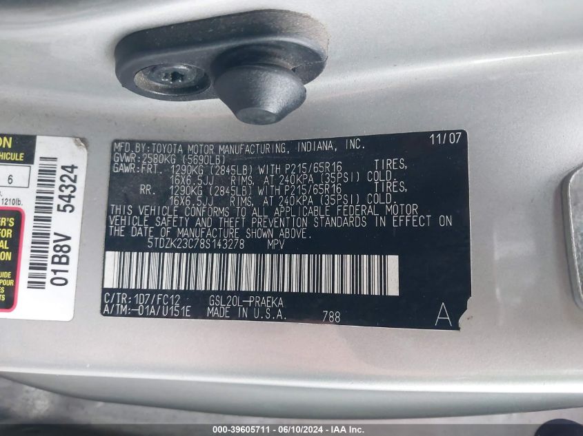 2008 Toyota Sienna Le VIN: 5TDZK23C78S143278 Lot: 39605711