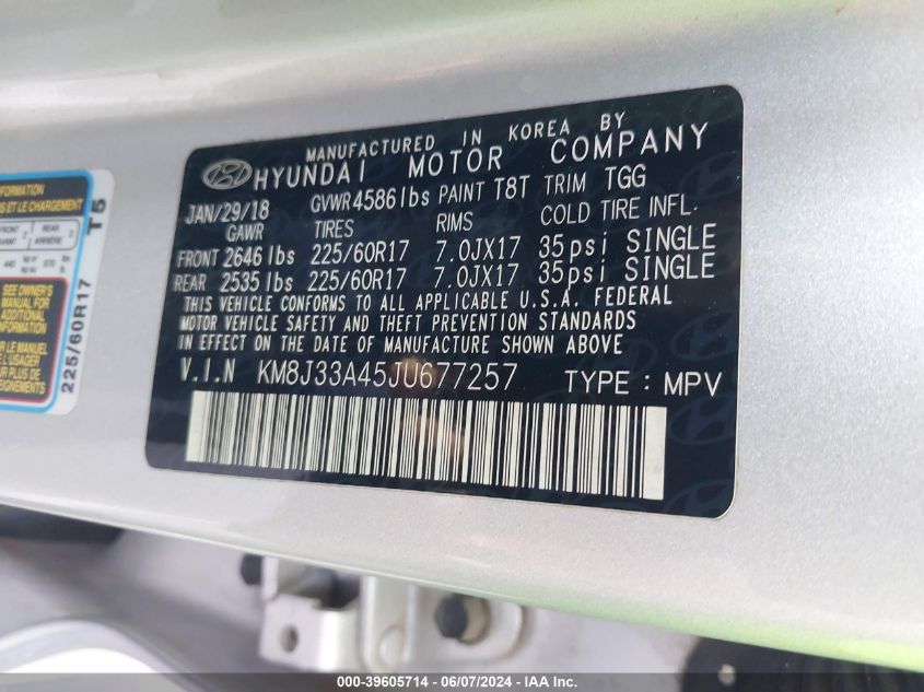 2018 Hyundai Tucson Sel VIN: KM8J33A45JU677257 Lot: 39605714
