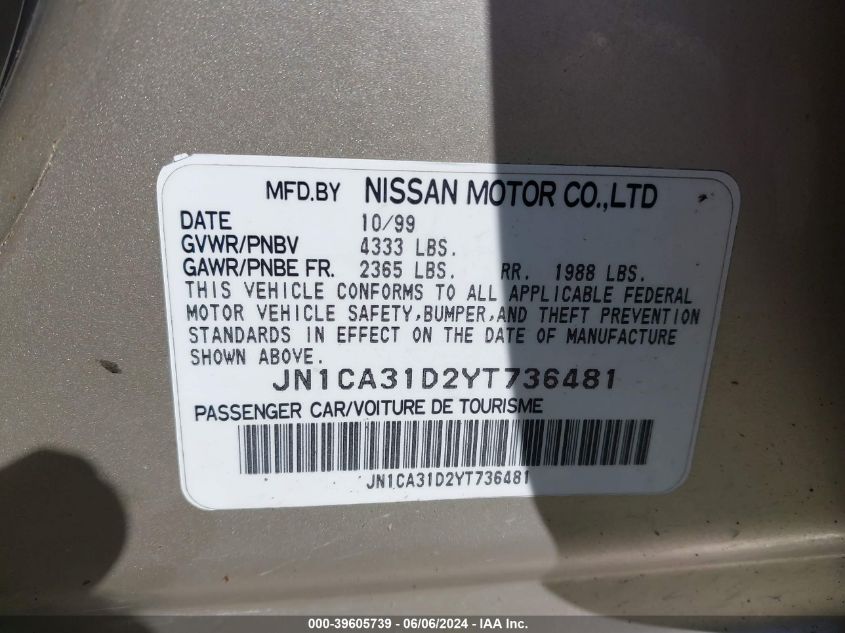 2000 Nissan Maxima Gle/Gxe/Se VIN: JN1CA31D2YT736481 Lot: 39605739