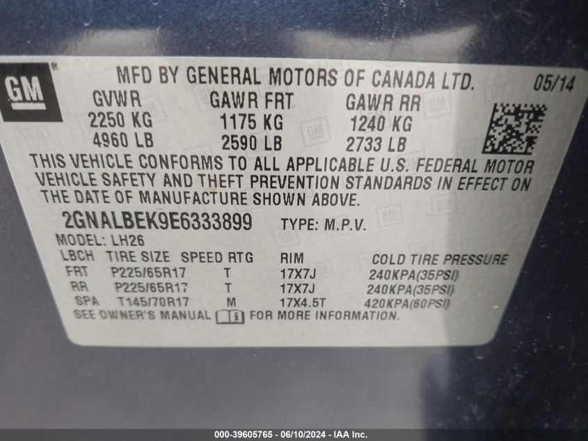 2014 Chevrolet Equinox 1Lt VIN: 2GNALBEK9E6333899 Lot: 39605765