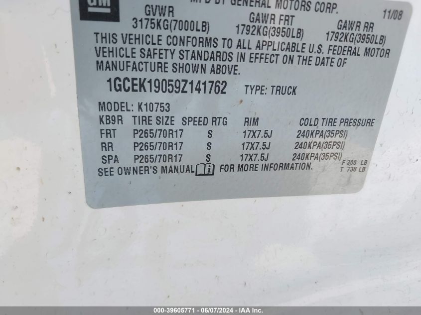 2009 Chevrolet Silverado 1500 Work Truck VIN: 1GCEK19059Z141762 Lot: 39605771
