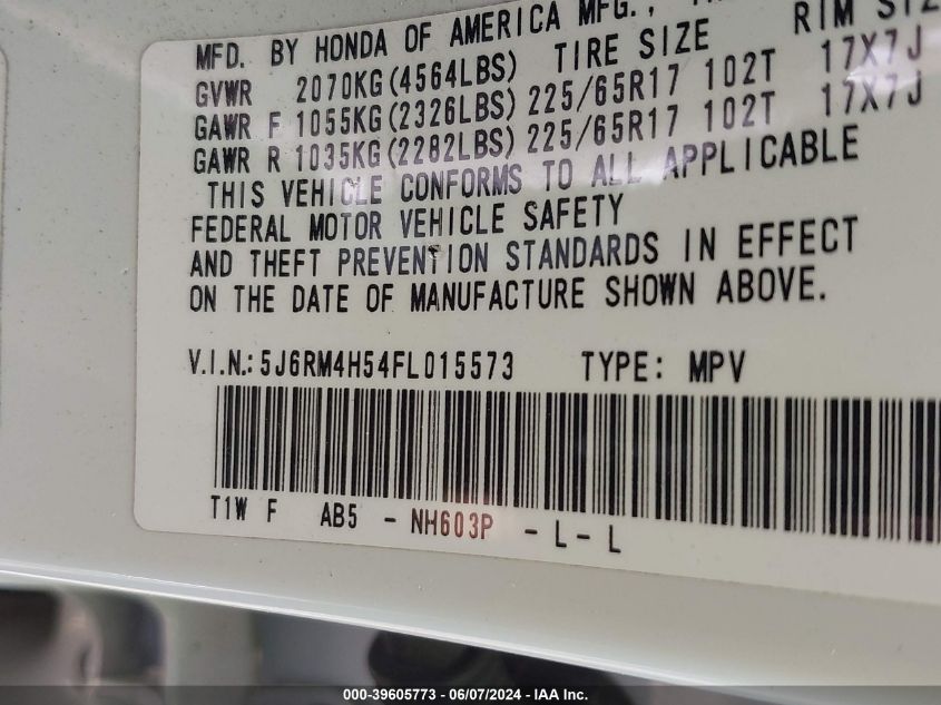 2015 Honda Cr-V Ex VIN: 5J6RM4H54FL015573 Lot: 39605773