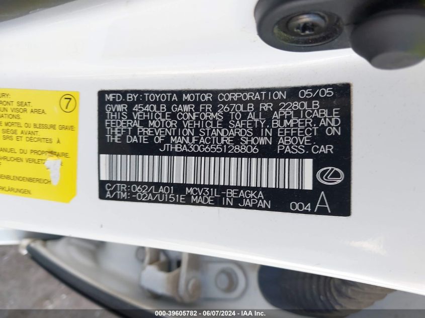 2005 Lexus Es 330 VIN: JTHBA30G655128806 Lot: 39605782