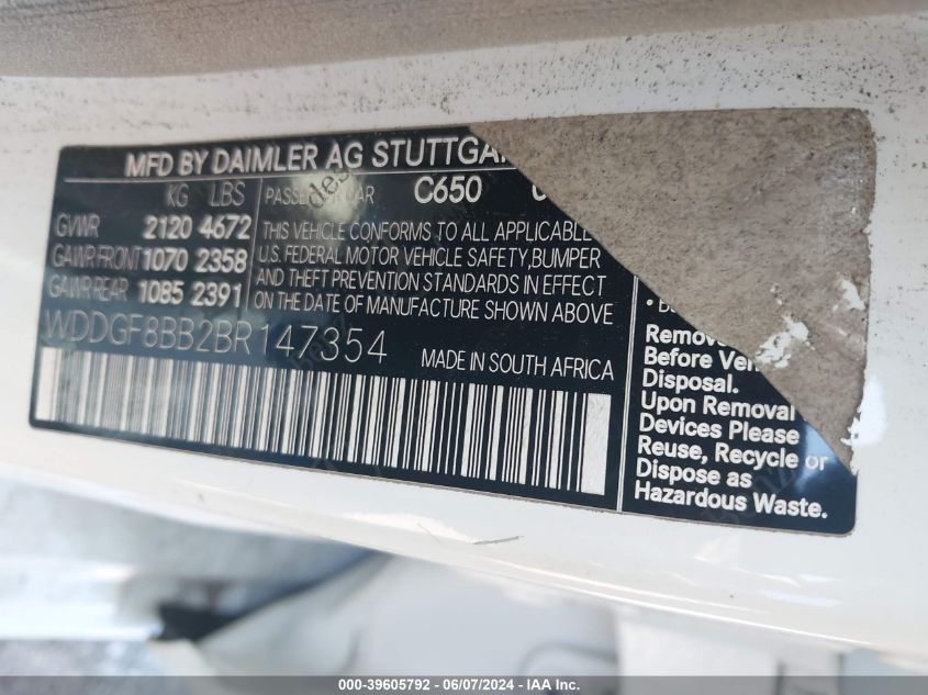 2011 Mercedes-Benz C 300 Luxury 4Matic/Sport 4Matic VIN: WDDGF8BB2BR147354 Lot: 39605792