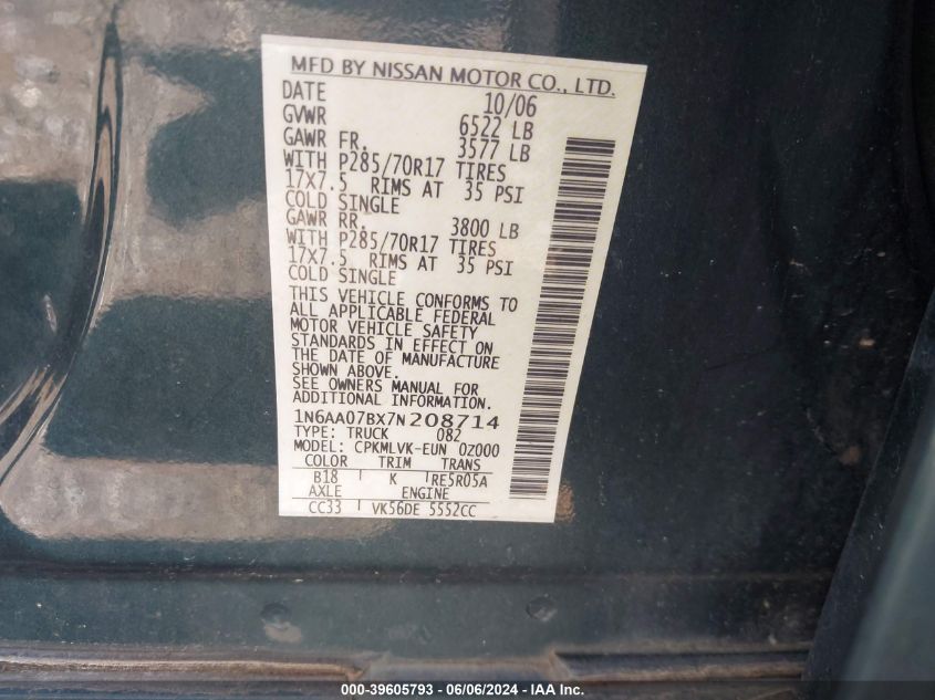 2007 Nissan Titan Le VIN: 1N6AA07BX7N208714 Lot: 39605793