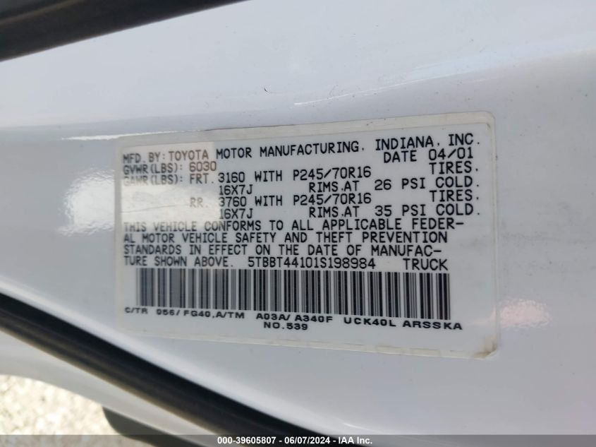 2001 Toyota Tundra Sr5 V8 VIN: 5TBBT44101S198984 Lot: 39605807