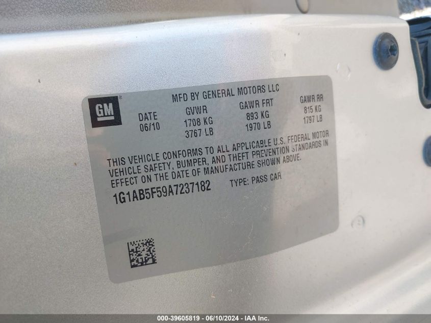 2010 Chevrolet Cobalt Ls VIN: 1G1AB5F59A7237182 Lot: 39605819