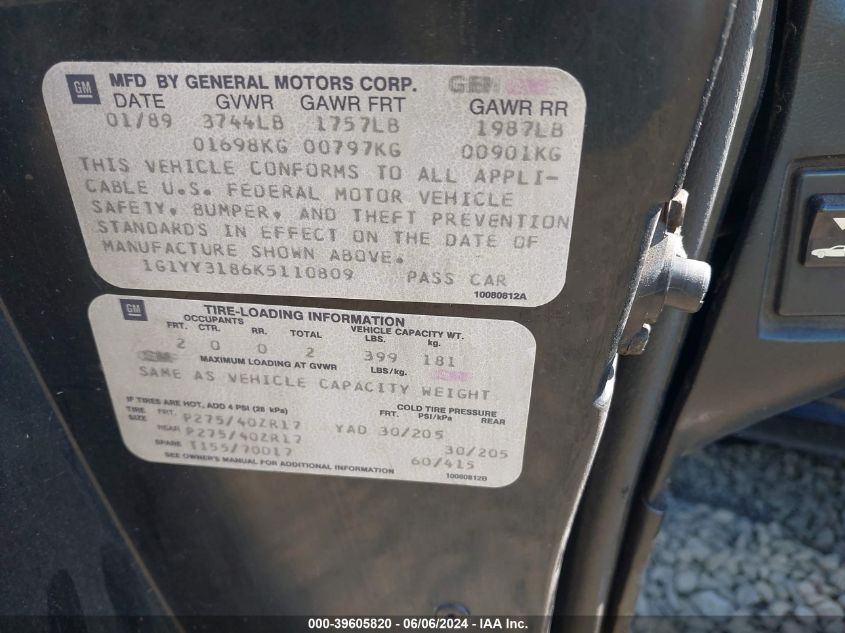 1989 Chevrolet Corvette VIN: 1G1YY3186K5110809 Lot: 39605820