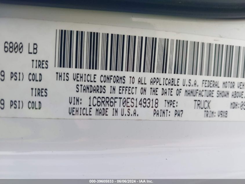 2014 Ram 1500 Express VIN: 1C6RR6FT0ES149318 Lot: 39605833