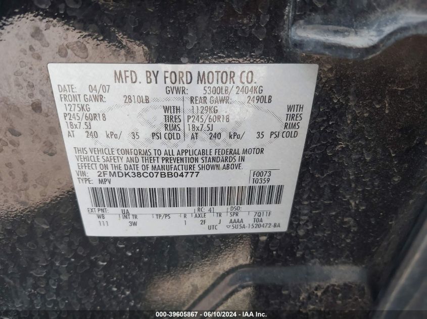 2007 Ford Edge Sel VIN: 2FMDK38C07BB04777 Lot: 39605867