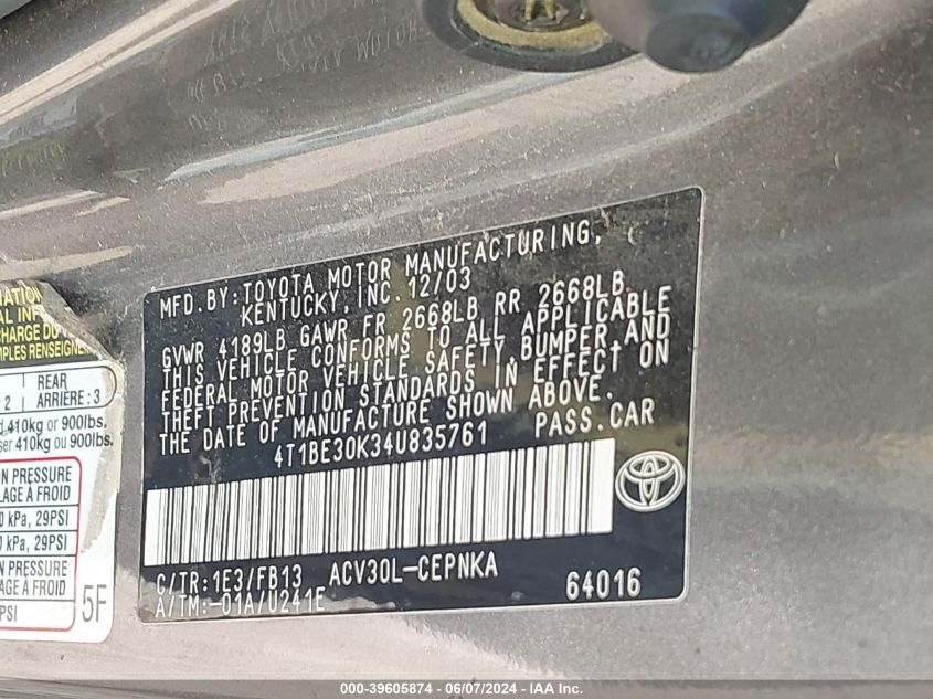 2004 Toyota Camry Le VIN: 4T1BE30K34U835761 Lot: 39605874