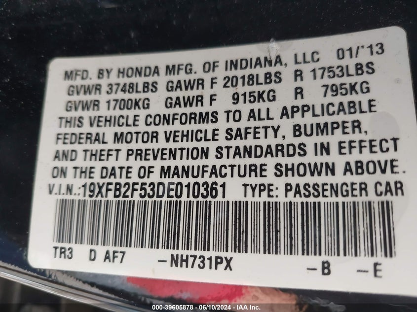 2013 Honda Civic Lx VIN: 19XFB2F53DE010361 Lot: 39605878