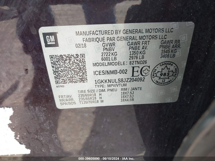 2018 GMC Acadia Slt-1 VIN: 1GKKNULS8JZ204092 Lot: 39605890