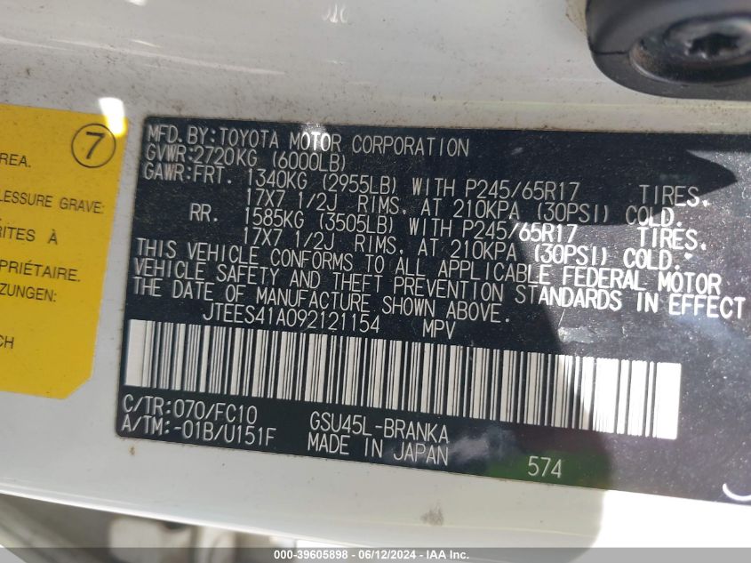 2009 Toyota Highlander VIN: JTEES41A092121154 Lot: 39605898