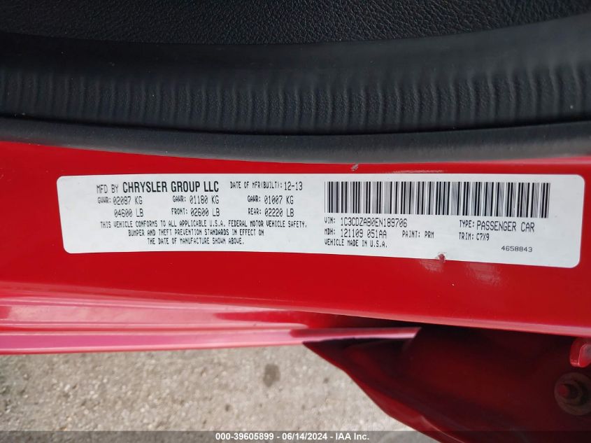 2014 Dodge Avenger Se VIN: 1C3CDZAB0EN189706 Lot: 39605899