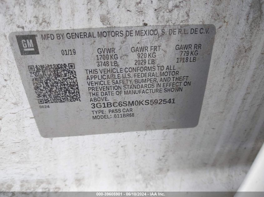 2019 Chevrolet Cruze Ls VIN: 3G1BC6SM0KS592541 Lot: 39605901