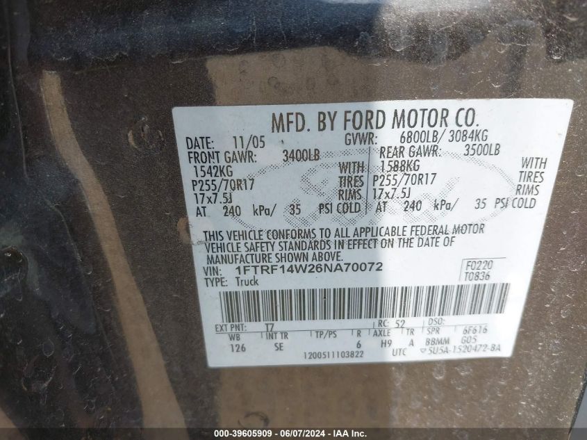 2006 Ford F-150 Stx/Xl/Xlt VIN: 1FTRF14W26NA70072 Lot: 39605909