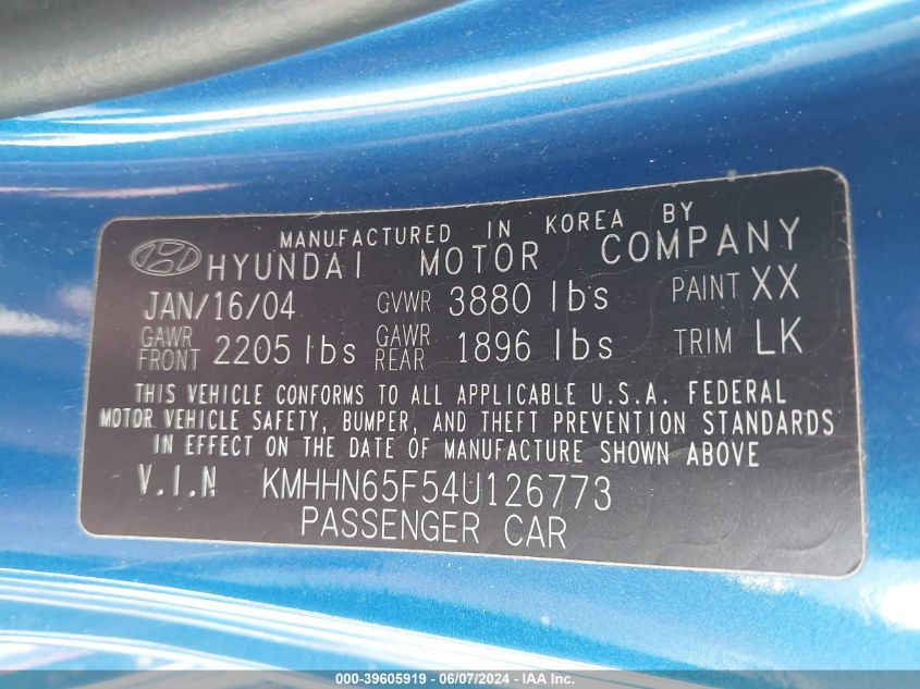 2004 Hyundai Tiburon Gt V6/Gt V6 Special Edition VIN: KMHHN65F54U126773 Lot: 39605919