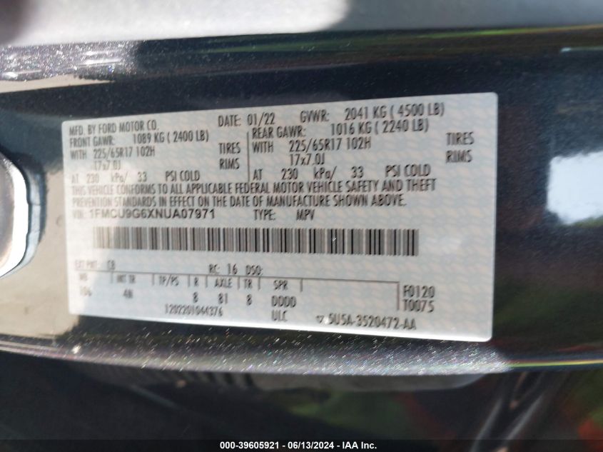 2022 Ford Escape Se VIN: 1FMCU9G6XNUA07971 Lot: 39605921