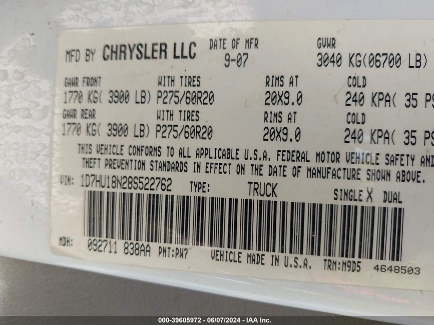 2008 Dodge Ram 1500 Slt VIN: 1D7HU18N28S522762 Lot: 39605972