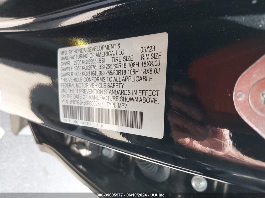 2023 Honda Pilot 2Wd Ex-L 7 Passenger VIN: 5FNYG2H50PB009383 Lot: 39605977