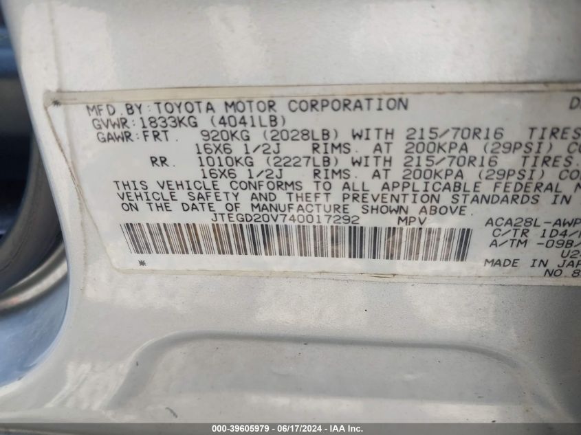 2004 Toyota Rav4 VIN: JTEGD20V740017292 Lot: 39605979