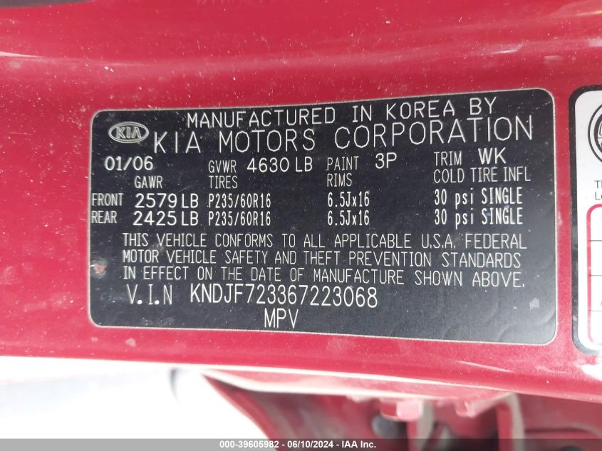 2006 Kia Sportage Ex V6/Lx V6 VIN: KNDJF723367223068 Lot: 39605982