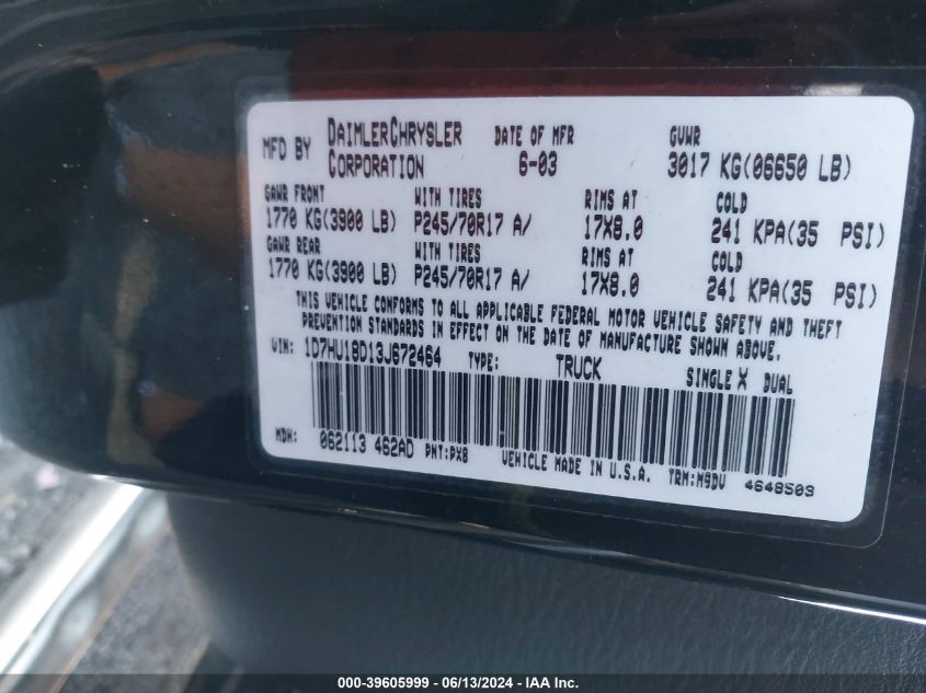 2003 Dodge Ram 1500 Slt/Laramie/St VIN: 1D7HU18D13J672464 Lot: 39605999