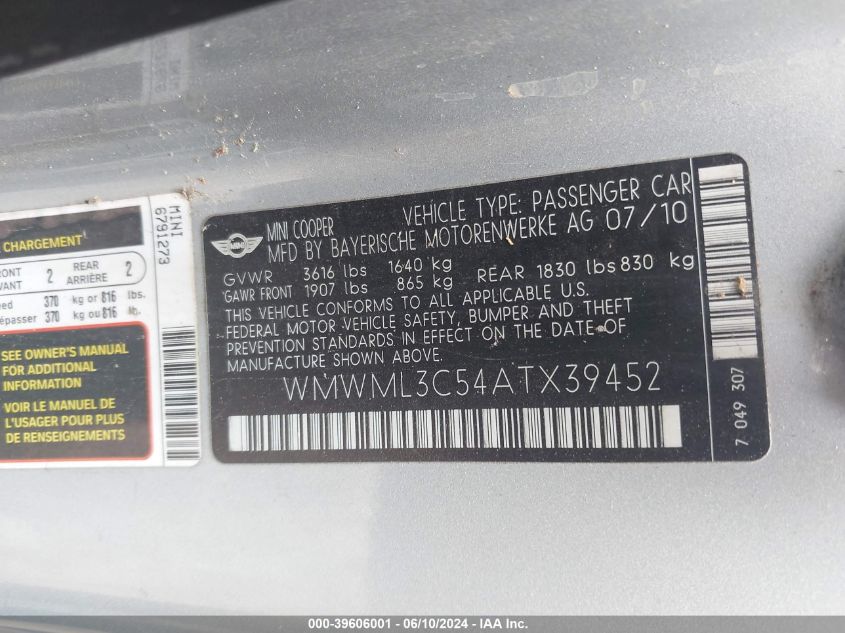 2010 Mini Cooper Clubman VIN: WMWML3C54ATX39452 Lot: 39606001