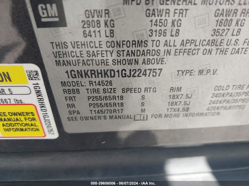 2016 Chevrolet Traverse 2Lt VIN: 1GNKRHKD1GJ224757 Lot: 39606006