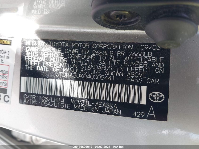 2004 Toyota Camry Se V6 VIN: JTDBA30K040005441 Lot: 39606012