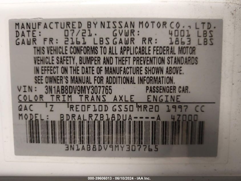 2021 Nissan Sentra Sr Xtronic Cvt VIN: 3N1AB8DV9MY307765 Lot: 39606013