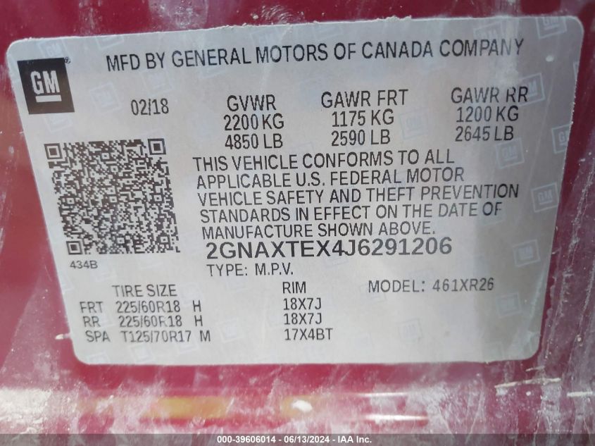 2018 Chevrolet Equinox Lt VIN: 2GNAXTEX4J6291206 Lot: 39606014