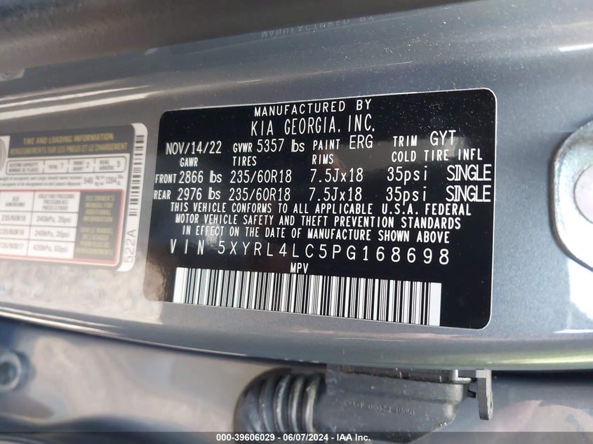 2023 Kia Sorento S VIN: 5XYRL4LC5PG168698 Lot: 39606029