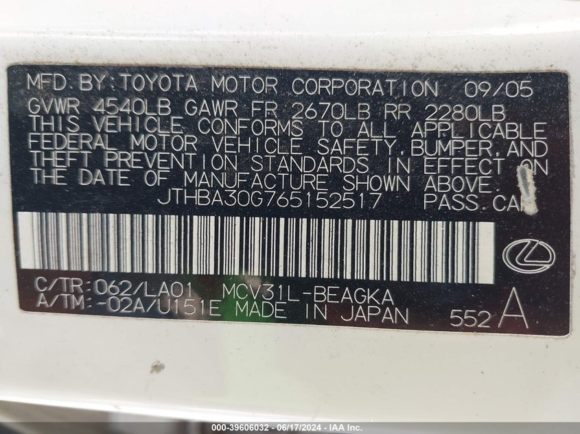 2006 Lexus Es 330 VIN: JTHBA30G765152517 Lot: 39606032