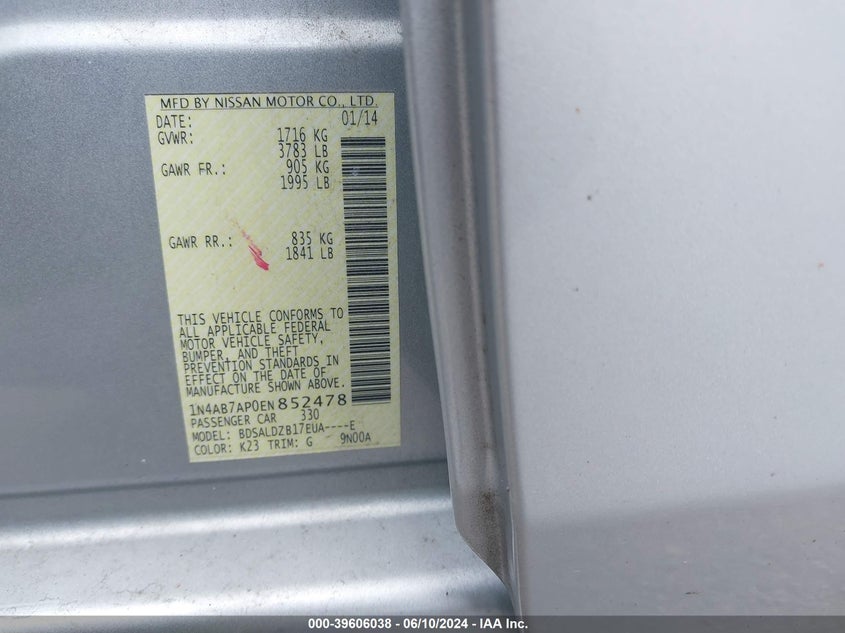 2014 Nissan Sentra Fe+ S/Fe+ Sv/S/Sl/Sr/Sv VIN: 1N4AB7AP0EN852478 Lot: 39606038