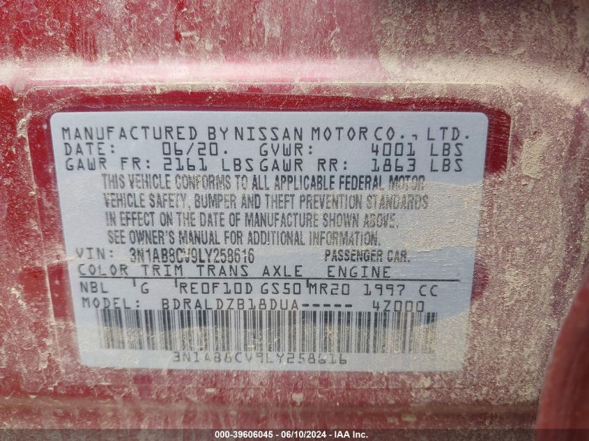 2020 Nissan Sentra Sv Xtronic Cvt VIN: 3N1AB8CV9LY258616 Lot: 39606045