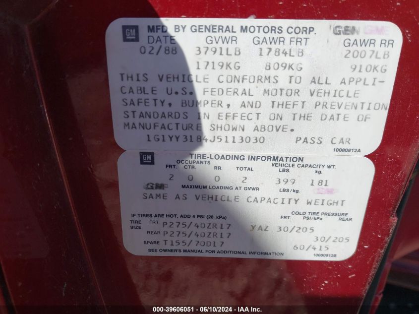 1988 Chevrolet Corvette VIN: 1G1YY3184J5113030 Lot: 39606051