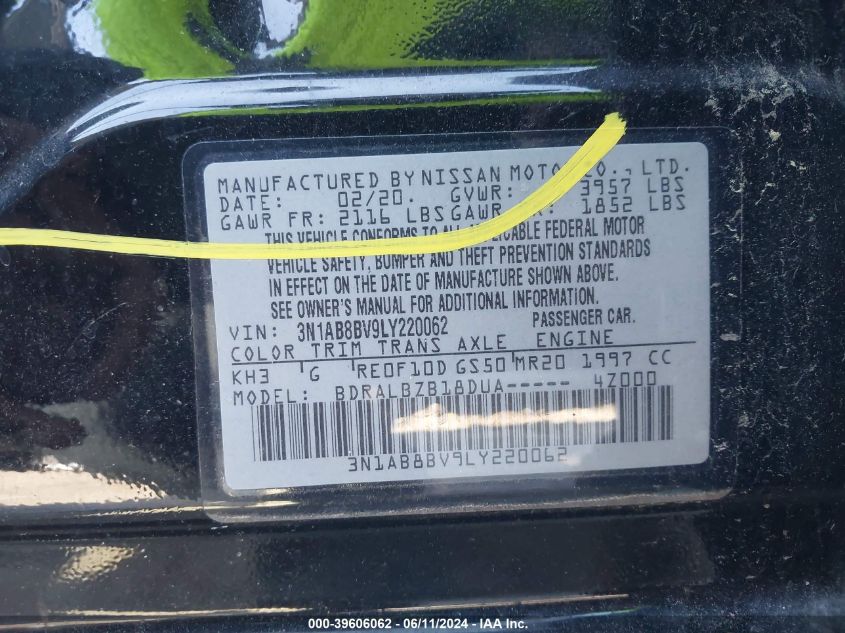 2020 Nissan Sentra S Xtronic Cvt VIN: 3N1AB8BV9LY220062 Lot: 39606062