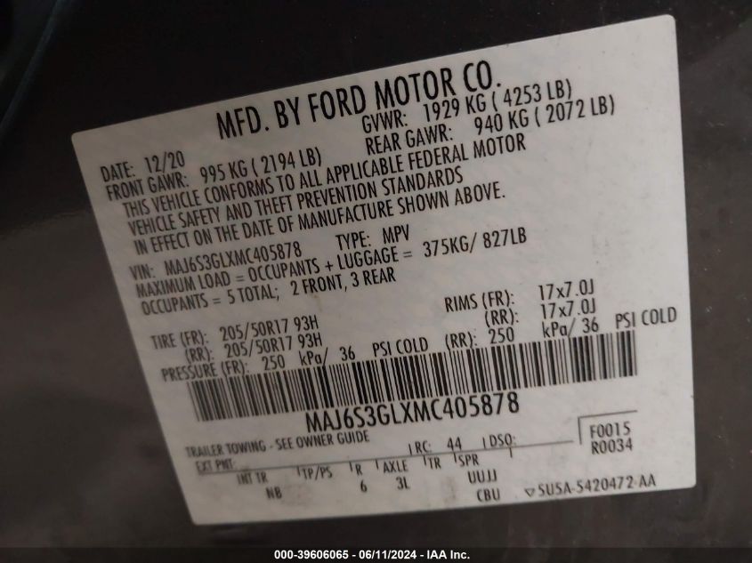 2021 Ford Ecosport Se VIN: MAJ6S3GLXMC405878 Lot: 39606065