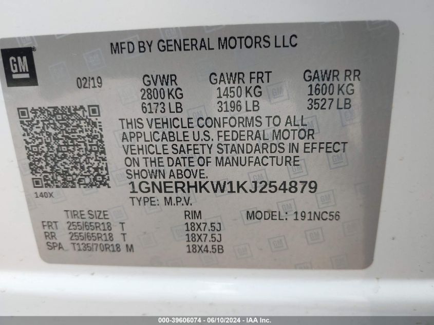 2019 Chevrolet Traverse 3Lt VIN: 1GNERHKW1KJ254879 Lot: 39606074