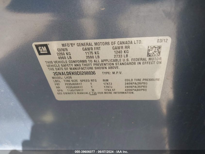 2012 Chevrolet Equinox 1Lt VIN: 2GNALDEK6C6298036 Lot: 39606077