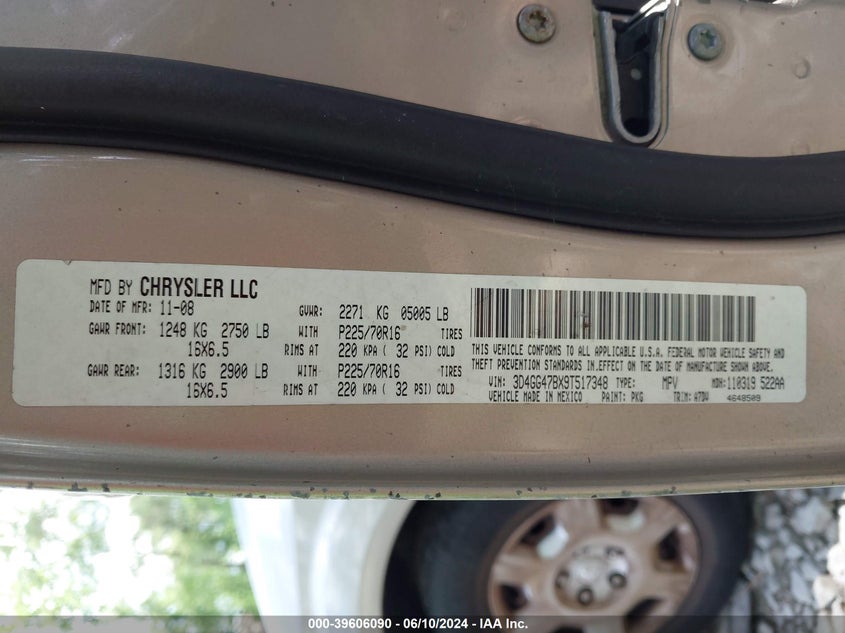 2009 Dodge Journey Se VIN: 3D4GG47BX9T517348 Lot: 39606090