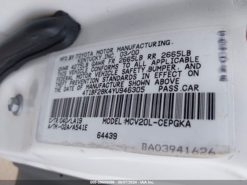 2000 Toyota Camry Xle V6 VIN: 4T1BF28K4YU946305 Lot: 39606096