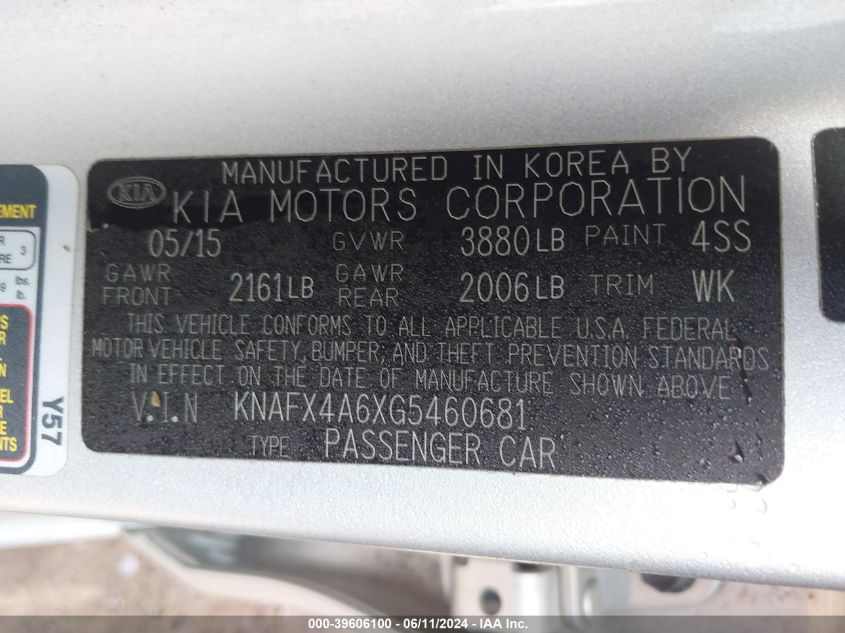 2016 Kia Forte Lx VIN: KNAFX4A6XG5460681 Lot: 39606100