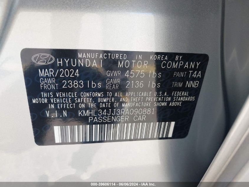 2024 Hyundai Sonata Hybrid Sel VIN: KMHL34JJ3RA090881 Lot: 39606114