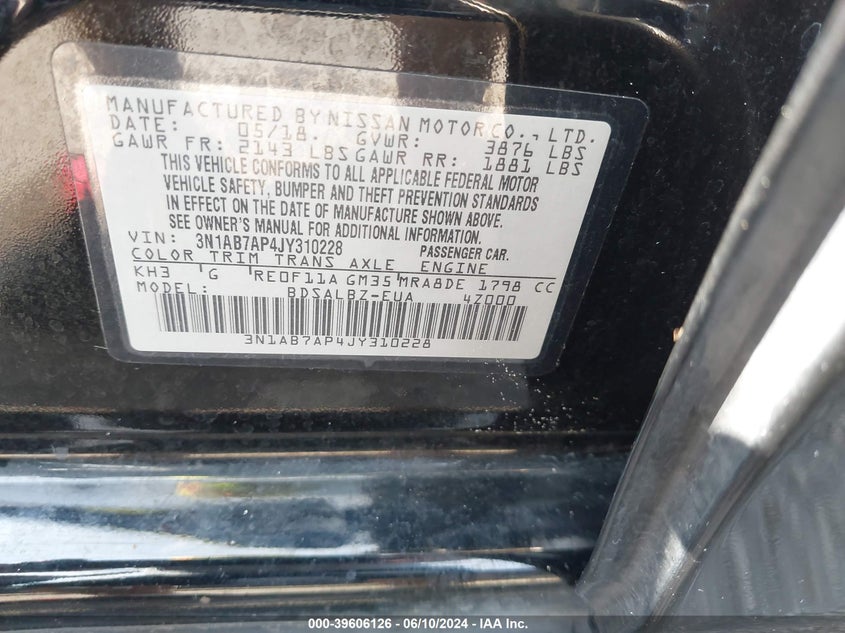 2018 Nissan Sentra S VIN: 3N1AB7AP4JY310228 Lot: 39606126